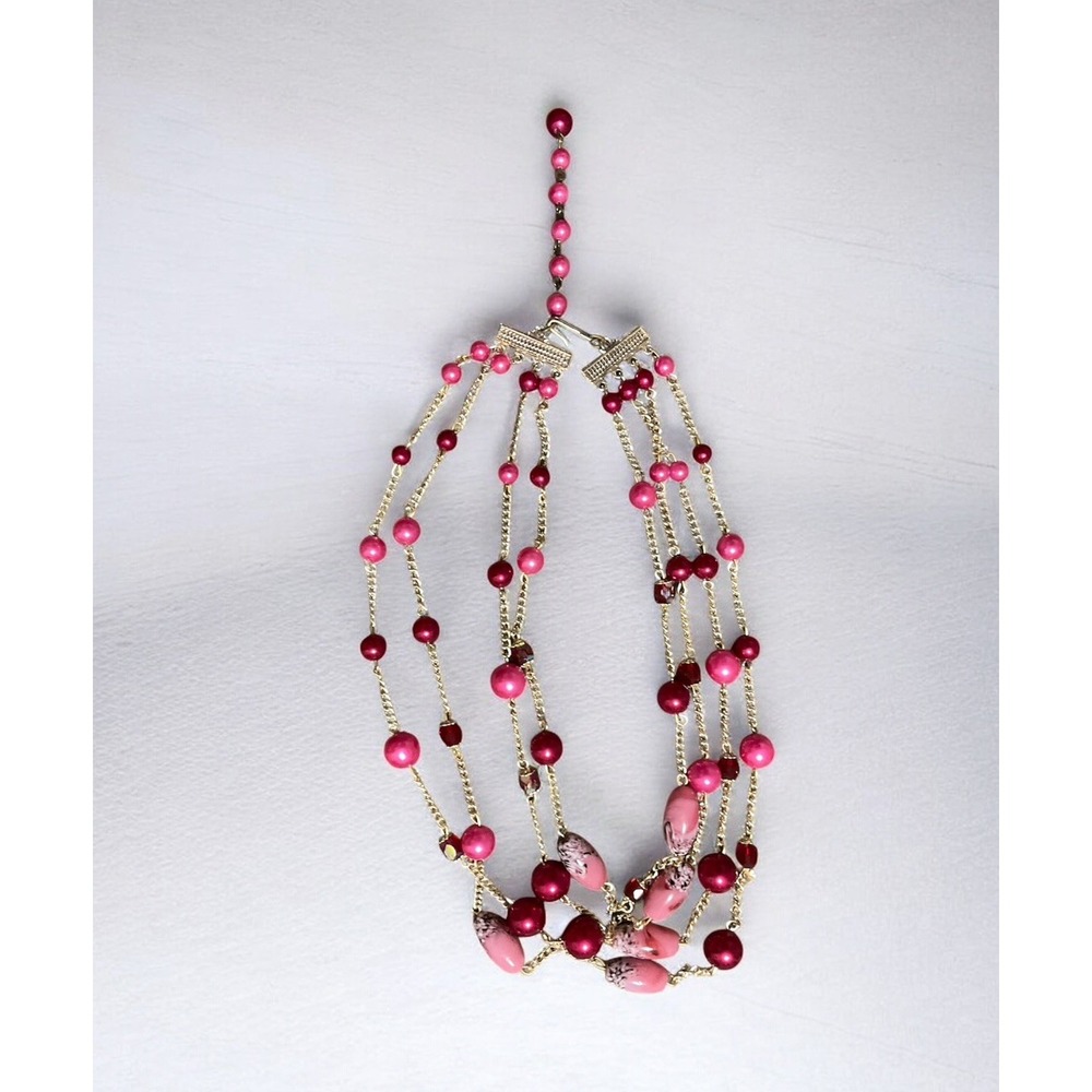 Vintage Pink Glass & Plastic 3 Strand Beaded Necklace 14-17” JAPAN